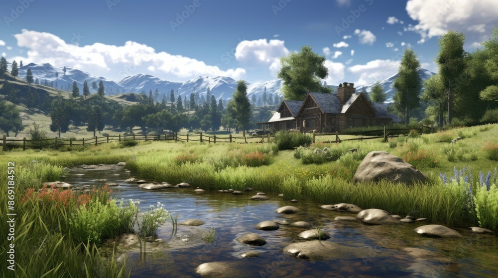 Naklejka premium A beautiful landscape image of a cabin in the mountains. The cabin is nestled in a valley surrounded by tall pine trees and snow-capped mountains.