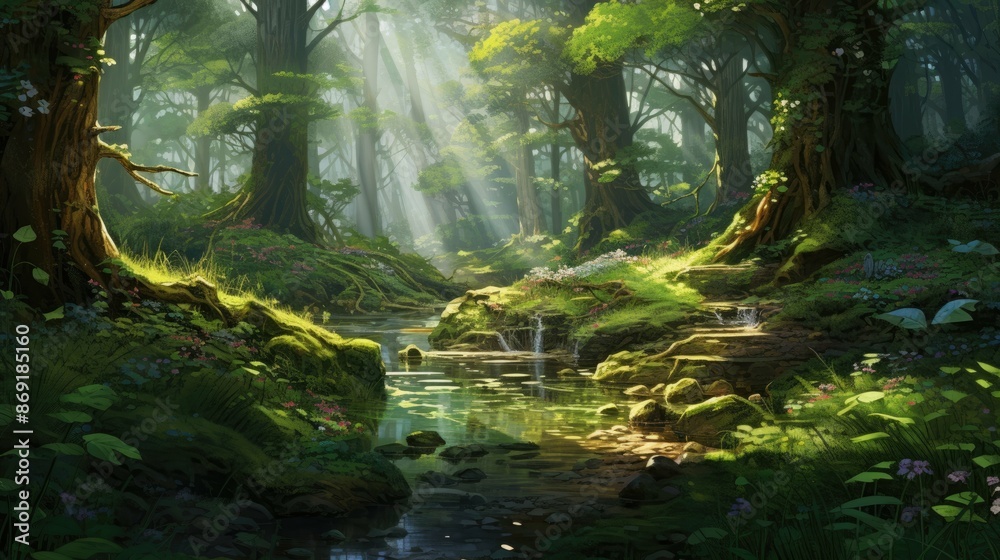 The sun shines through the tall trees in the forest. The sun shines through the tall trees in the forest.
