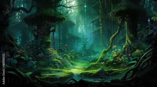 lush green foliage and a crystal clear river run through a magical forest, creating a serene and enchanting atmosphere.
