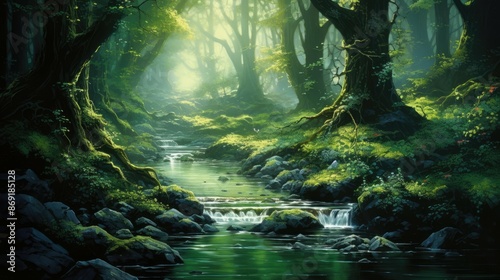 The sun shines through the tall trees of the forest. A small river flows through the middle of the forest, and there is a green moss on the rocks. © BozStock
