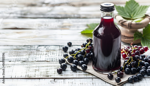 Homemade liqueur made from black currants and fresh berries, vintage wooden background