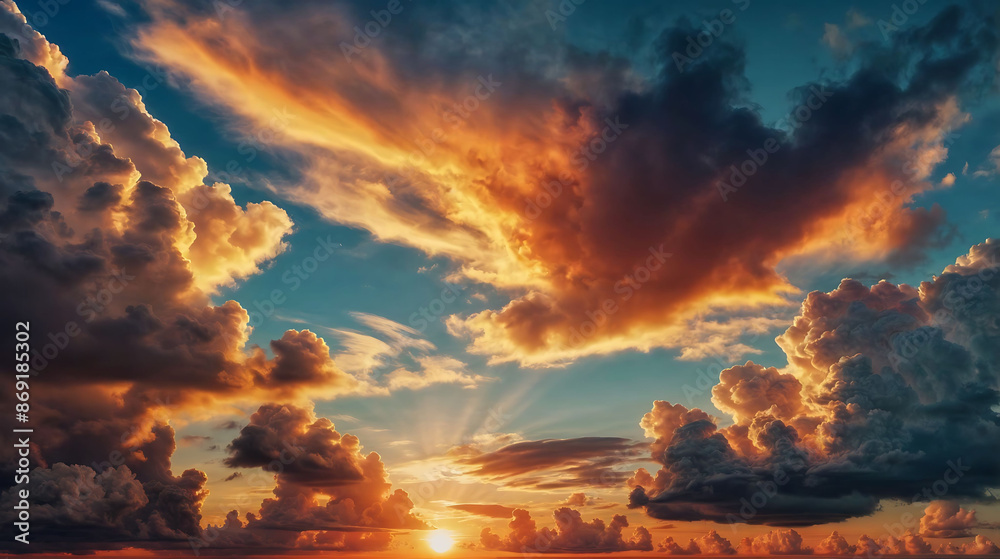 Fototapeta premium The sun cast rays from behind colorful dramatic clouds at sunset.