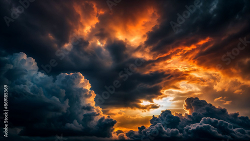 A dramatic, colorful sky with dark billowing clouds creates an ominous atmosphere at sunset.