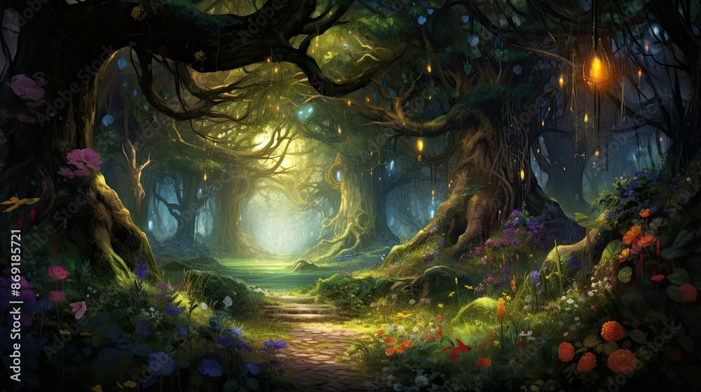 Naklejka premium The image is a beautiful digital painting of a forest. The forest is full of tall trees, green leaves, and colorful flowers.