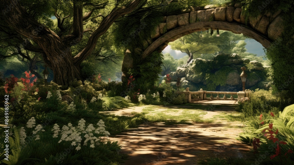 Mystical garden with stone arch. Mystical garden with stone arch.
