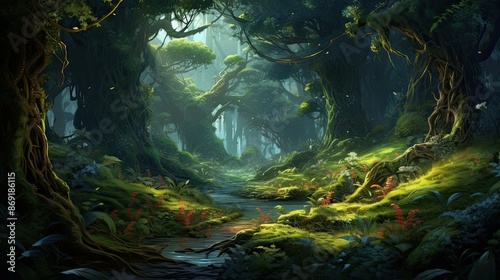The lush green forest is full of mystery and wonder. The trees are tall and majestic, the leaves a vibrant shade of green. © BozStock