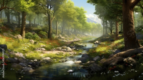 The sun shines through the trees in a beautiful forest.