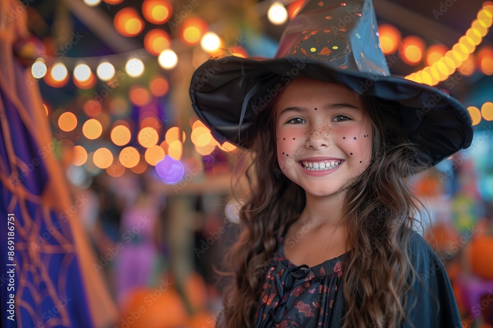 Girl in halloween childhood costume portrait. Holiday happy celebrate person. Witch party fun hat Girl in halloween childhood costume portrait. Holiday happy celebrate person. Witch party fun hat