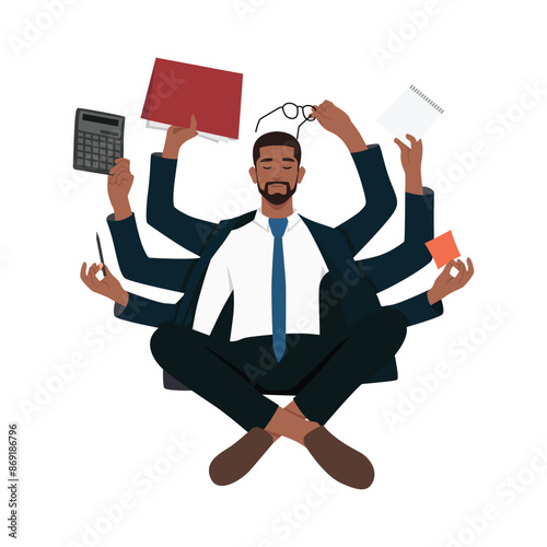 Young businessman practicing mindfulness meditation multitasking. Flat vector illustration isolated on white background