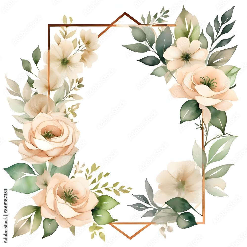 Obraz premium Watercolor floral geometric shape frame with beige flowers and green leaves on white background.