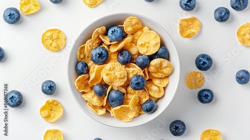 Healthy breakfast bowl with cereal flakes and fresh blueberries. This top-down image shows a vibrant and colorful meal in a white bowl. Perfect for food blogs and nutrition websites. AI photo