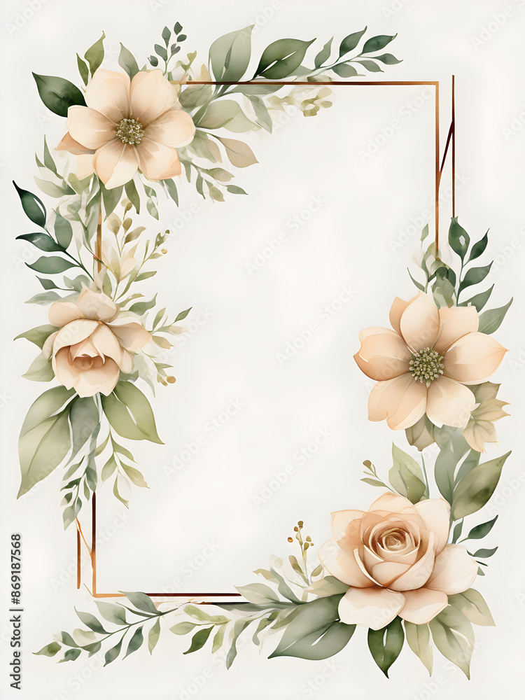 Obraz premium Watercolor floral geometric shape frame with beige flowers and green leaves on white background.