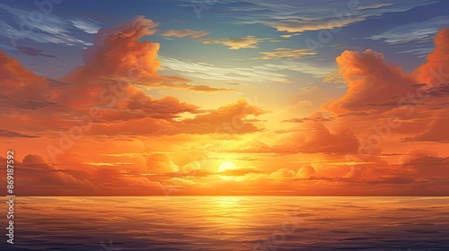A beautiful sunset over the ocean. The warm colors of the sky and the gentle waves of the water create a peaceful and relaxing scene.