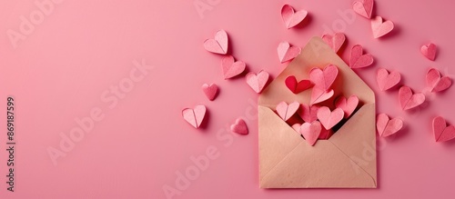 Love letter envelope filled with paper craft hearts - flat lay on pink background for Valentine's Day or anniversary with empty space