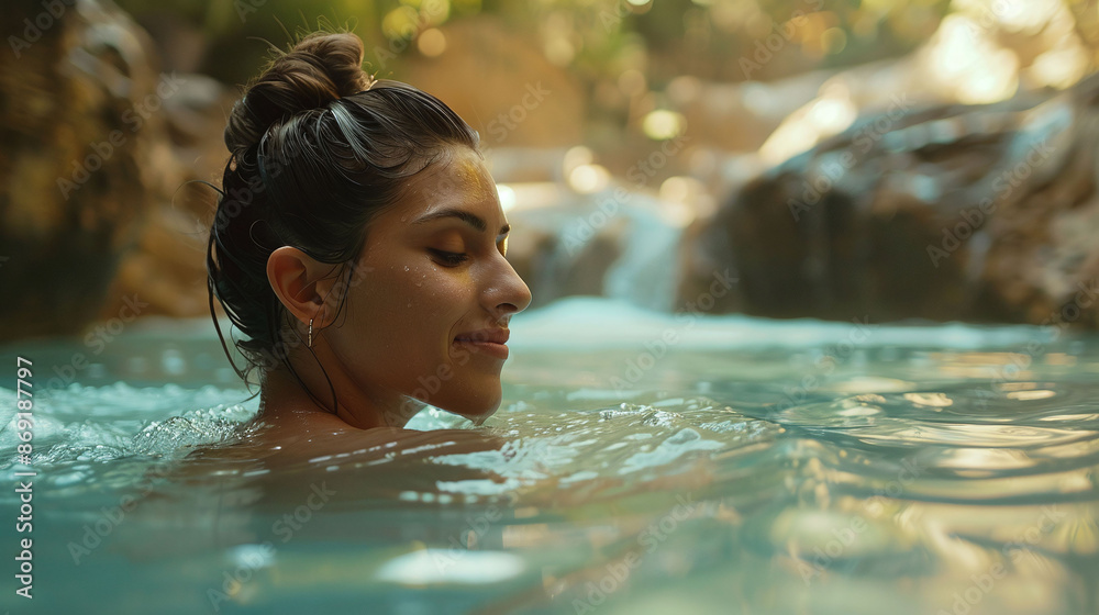 Fototapeta premium woman in back view swimming in infinity pool with breathtaking jungle view, luxury vacation at tropical resort, scenic nature and poolside relaxation