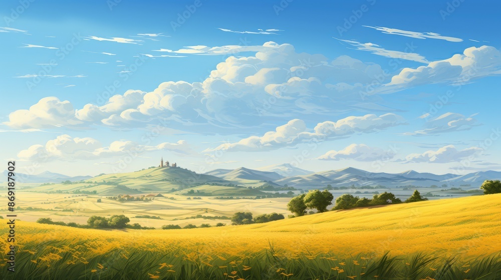 A beautiful landscape of a golden wheat field with a distant castle and mountains in the background. A beautiful landscape of a golden wheat field with a distant castle and mountains in the background.