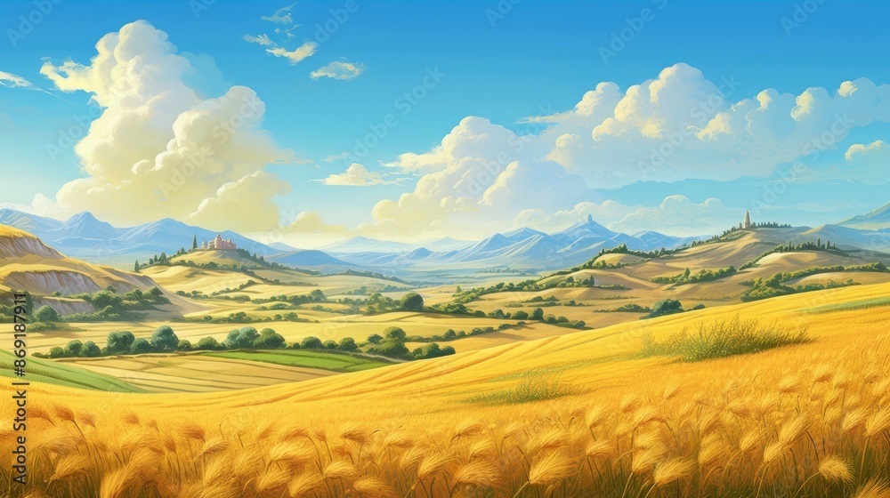 A beautiful landscape of a wheat field with a distant castle. The sky is blue and there are white clouds. The wheat is ripe and ready to be harvested. A beautiful landscape of a wheat field with a distant castle. The sky is blue and there are white clouds. The wheat is ripe and ready to be harvested.