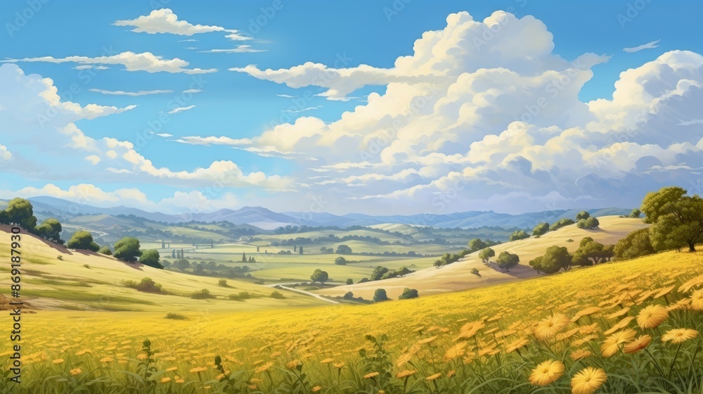 A beautiful landscape of a valley with rolling hills covered in yellow flowers under a blue sky with white clouds. A beautiful landscape of a valley with rolling hills covered in yellow flowers under a blue sky with white clouds.