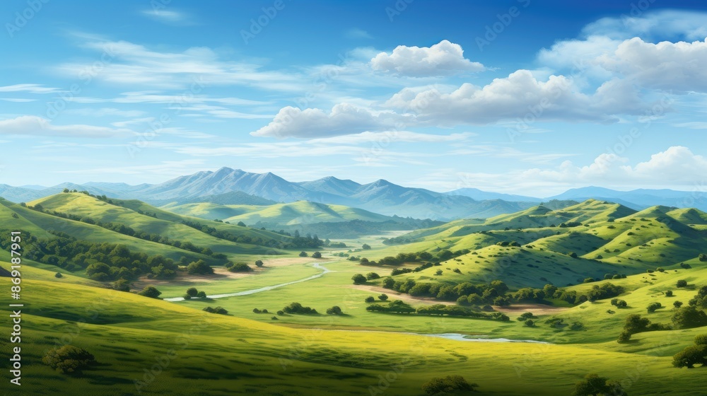 Amazing green hills landscape under blue sky with white clouds. Beautiful nature scenery with mountains in the distance. Amazing green hills landscape under blue sky with white clouds. Beautiful nature scenery with mountains in the distance.