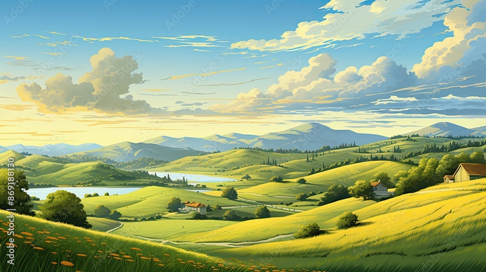 Fototapeta premium The image is of a beautiful landscape with a lake, rolling hills, and a blue sky.