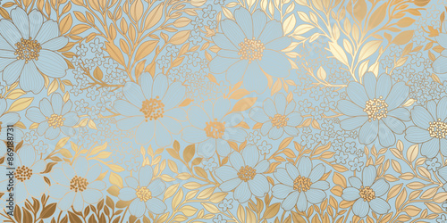 Golden Metallic Foiled Contour Flowers and Leaves on Starlight Blue Background. Luxurious Art Deco Wallpaper Design for Print, Poster, Cover, Banner, Invitation, Package, Beauty Products.