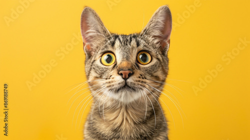 Crazy surprised cat with big eyes close-up on a yellow background