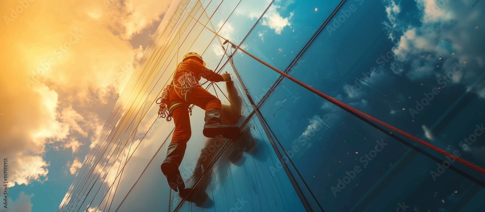 Fototapeta premium Window Cleaner Scaling Glass Skyscraper with Safety Gear at Sunset