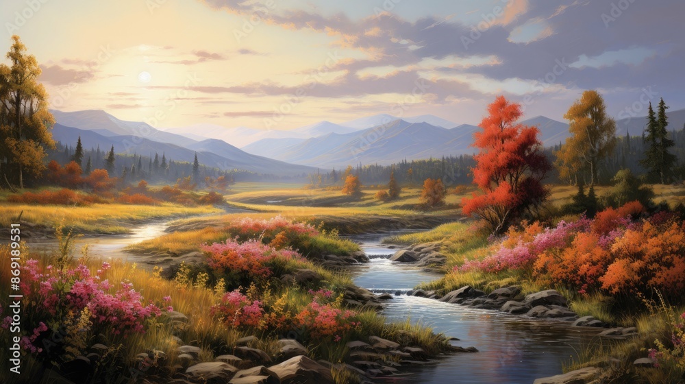 A beautiful landscape painting of a river running through a valley in the mountains. The sky is blue and cloudy, and the sun is shining brightly. A beautiful landscape painting of a river running through a valley in the mountains. The sky is blue and cloudy, and the sun is shining brightly.