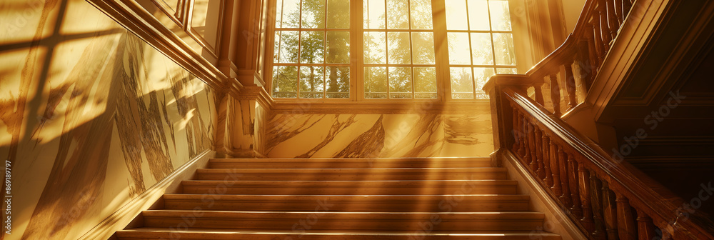 Sunlit Staircase in Historic Building with Large Windows and Wooden Railings Sunlit Staircase in Historic Building with Large Windows and Wooden Railings
