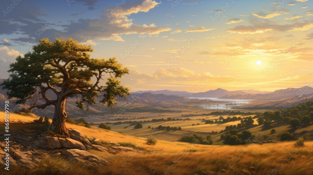 The image is a beautiful landscape of a valley with a large tree in the foreground. The sun is setting over the mountains in the distance. The image is a beautiful landscape of a valley with a large tree in the foreground. The sun is setting over the mountains in the distance.