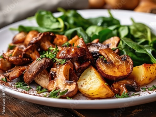 Roasted boletus, Fried ceps, porcini mushrooms with baked potatoes and greens on restaurant plate