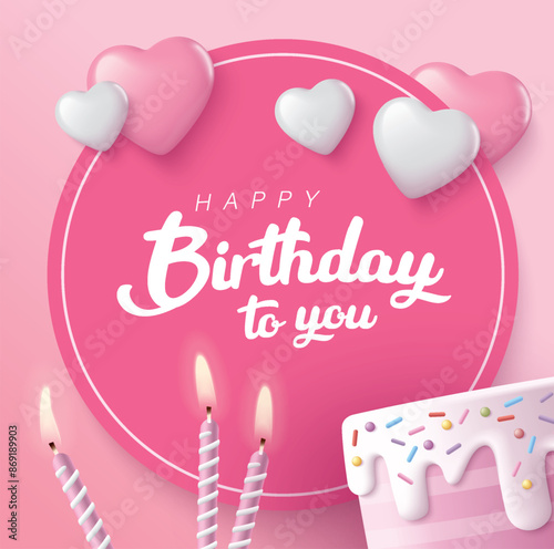 Happy Birthday celebration typography design with 3d birthday cake for greeting card, poster or banner. Vector illustration
