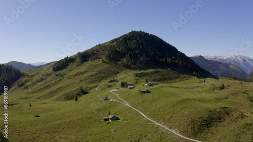 Drone flight over Labenbergalm with Labenberg, Postalm Osterhorn group photo