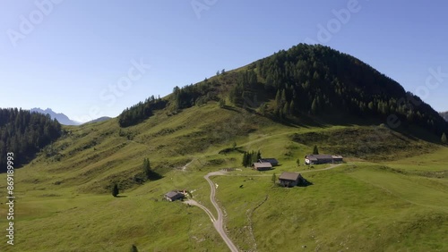 Drone flight over Labenbergalm with Labenberg, Postalm Osterhorn group photo