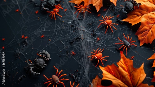 Halloween Background with Spider Web Decorations and Crabs in the Corner 