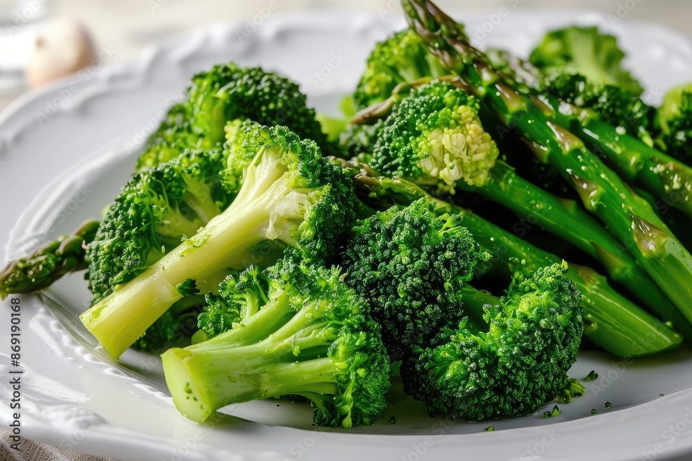 Steamed broccoli on white restaurant plate isolated. Green asparagus cabbage cooked on steam Steamed broccoli on white restaurant plate isolated. Green asparagus cabbage cooked on steam