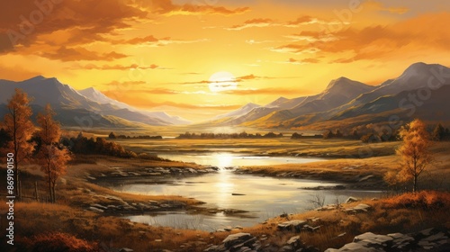 The setting sun casts a golden glow over the tranquil landscape. The river winds its way through the valley, reflecting the light of the sky.