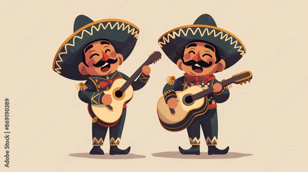 Two Mexican mariachi doll playing guitar. Two men dressed in sombreros and playing guitars. Scene is festive and lively