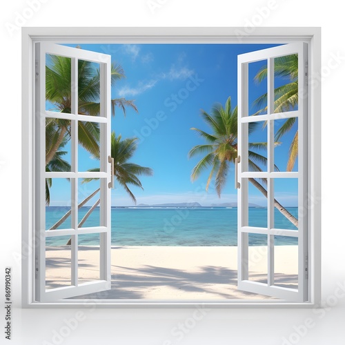 Front view of a window opening to a tropical paradise with palm trees, turquoise water, and white sandy beaches © TawanU