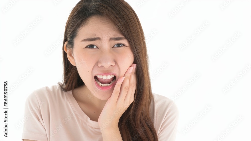 A young woman with long brown hair holds her cheek in pain, her expression contorted with discomfort. She appears to be suffering from a toothache A young woman with long brown hair holds her cheek in pain, her expression contorted with discomfort. She appears to be suffering from a toothache