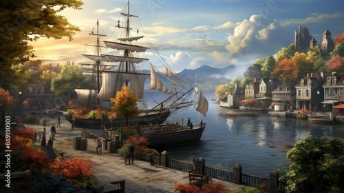 A beautiful harbor with a large ship docked at the pier. The town is nestled in a valley between two mountains and the water is calm and still.