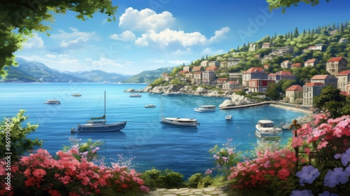 A beautiful coastal village with colorful houses and boats. The village is surrounded by lush green hills and the sea is a deep blue.