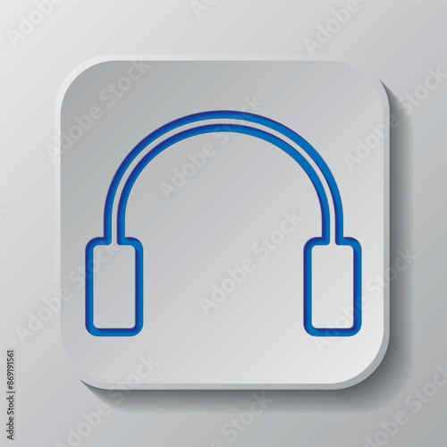 Headphone simple icon vector. Flat design. Paper cut design. Cutted blue symbol with shadow. Gray badge button, gray background