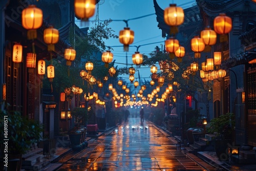 A picturesque street adorned with glowing lanterns during the night, reflecting on the wet pavement, creating a serene and festive atmosphere.