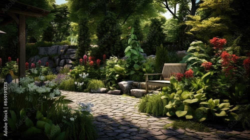Obraz premium A beautiful garden path with a bench surrounded by lush greenery and colorful flowers.