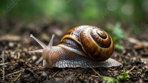 small snail on a leaf on blurred green background