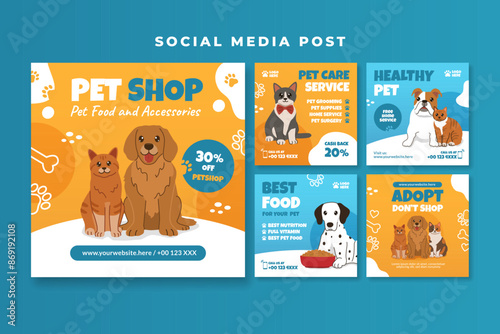 Pet shop social media post template with cat and dog vector illustration