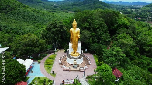 Aerial view of the Pra Yai Phu Khok Ngio or Chiang Khan Skywalk, Loei Province's newest landmark, overlooking the Hueang River flowing through to meet the Mekong River. photo