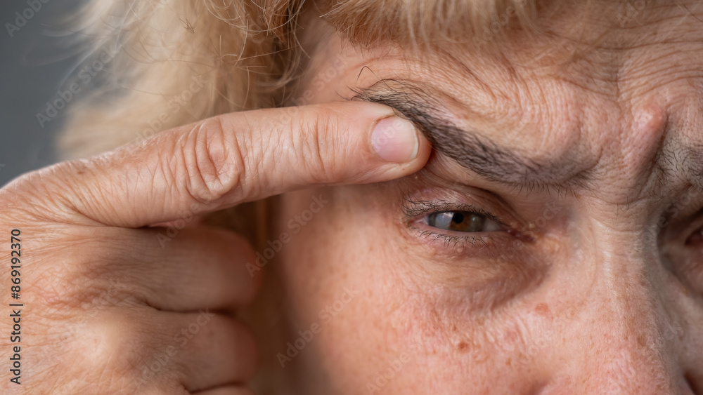 Close-up portrait of an old woman pointing at a wrinkle on her upper eyelid. Close-up portrait of an old woman pointing at a wrinkle on her upper eyelid.