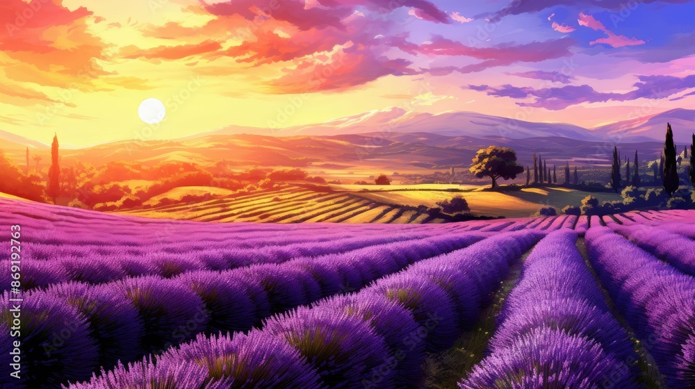 Amazing landscape with lavender fields and mountains in the distance. The setting sun casts long shadows across the rolling hills. Amazing landscape with lavender fields and mountains in the distance. The setting sun casts long shadows across the rolling hills.